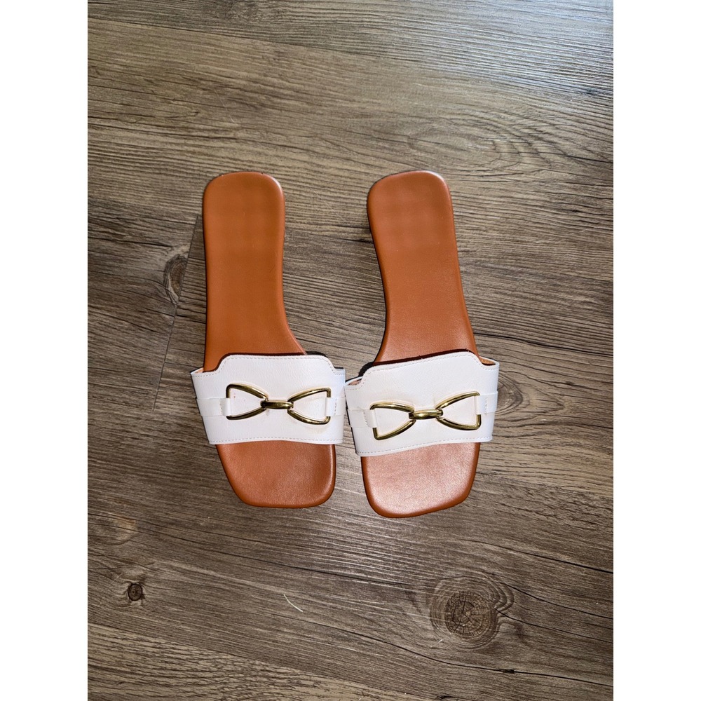 Womens White Square Toe Slide Sandals Gold Bit Detail Flat Summer Mules Size 37